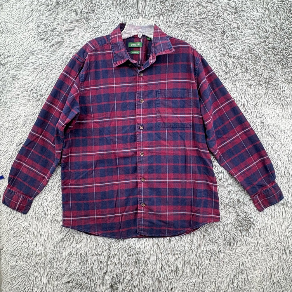 Orvis Flannel Shirt Mens Large Classic Fit Button Up Sangria Plaid Double Brush - Picture 1 of 8